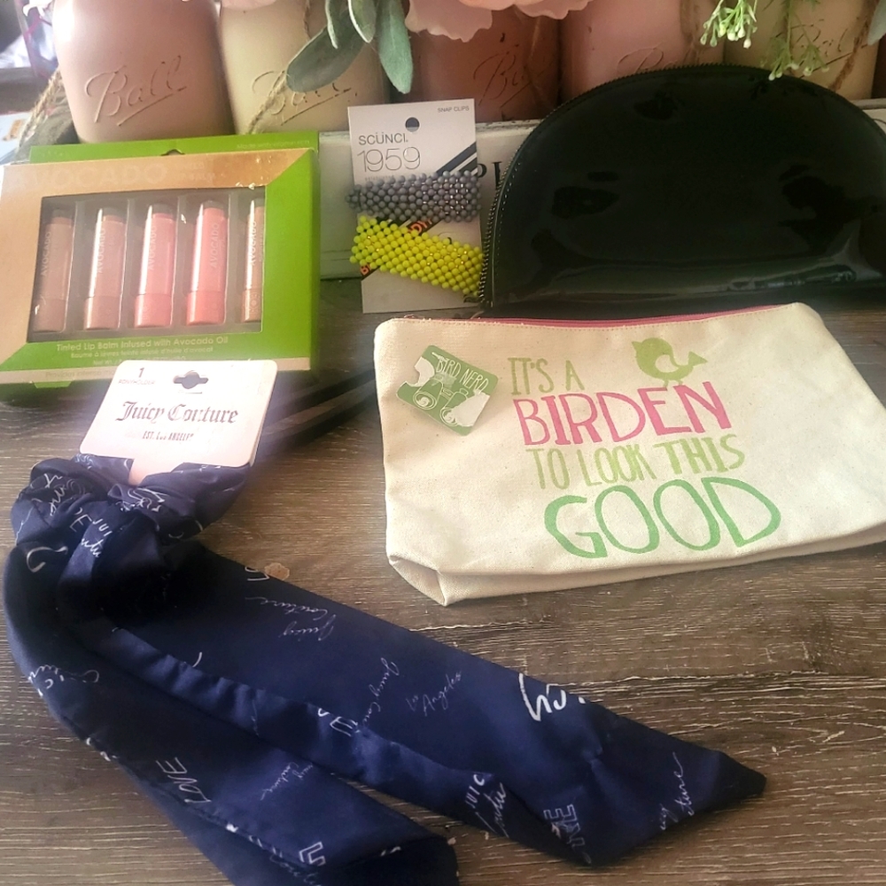 Beauty bundle 2 makeup bags,  barrettes, juicy couture scrunchi Avocado lip tint